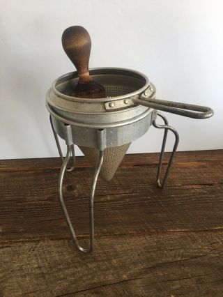 Vintage Canning Garden Tomato Strainer Masher With Wooden Pestle & Stand