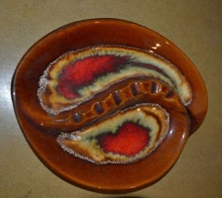 Vintage Ceramic Drip Glaze Brown W/ Yellow & Red Swirl Ashtray 8 1/2 " X 10 1/2 "