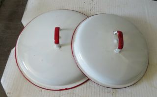 2 Vintage Enamel Ware Pot Pan Lids White W/red Trim 10 1/4” & 8 - 3/4