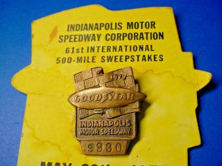 Vintage 1977 Indianapolis 500 Motor Speedway Pit Pass Pin Indy Good Year Label 2