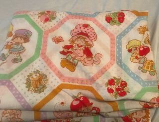 Vintage Strawberry Shortcake twin bed flat sheet 1980 fabric 3