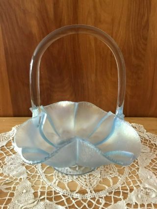 Vintage Fenton Light Blue Frosted Glass Basket - 8 1/2 Inches Tall