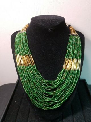 Vintage Multi Strand Emerald Green And Gold Tone Seed Bead Necklace