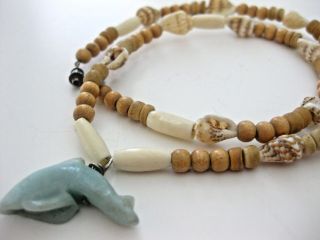 Shell Wood Jadeite Necklace Fish Dolphin Vintage Handmade 18 " Beach Jewelry