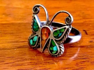 Vintage Zuni 925 Sterling Silver Turquoise Coral Butterfly Ring Size 7.  5,  4.  8g