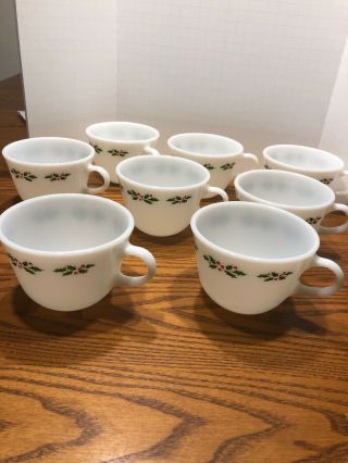 Vintage Pyrex Glass Christmas Holly Berries Tea Mug Cups Set Of 8