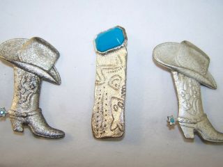 Vintage Broach Pins Western Boots Set Of 3 Pins Silver Tone