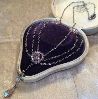 Pretty Vintage Inspired Silver Tone Aurora Borealis Crystal Bead Drop Necklace