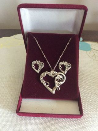 Vintage Sterling Silver 925 Open Heart Pendant Necklace W/matching Earrings Box
