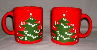 2 Red Vtg Waechtersbach Coffee Mugs Green Christmas Tree W.  Germany