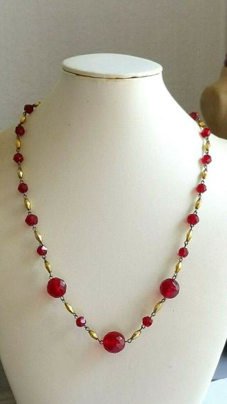 Czech Vintage Art Deco Red Faceted And Gilded Glass Bead Necklace