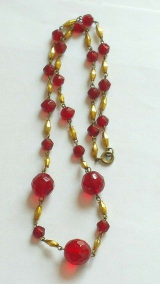 Czech Vintage Art Deco Red Faceted And Gilded Glass Bead Necklace 2