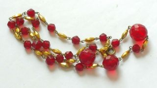 Czech Vintage Art Deco Red Faceted And Gilded Glass Bead Necklace 3