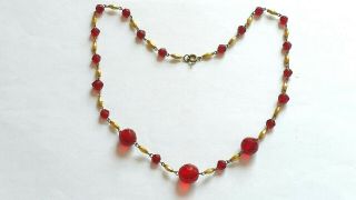 Czech Vintage Art Deco Red Faceted And Gilded Glass Bead Necklace 4