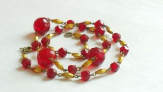 Czech Vintage Art Deco Red Faceted And Gilded Glass Bead Necklace 5