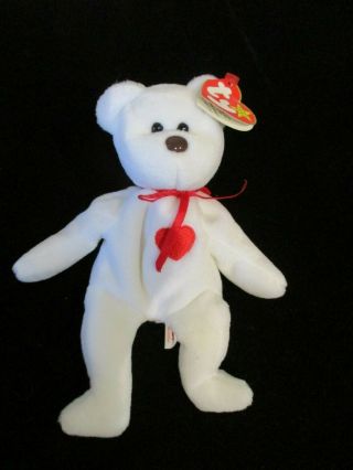 Vintage Ty Beanie Baby White Red Heart Valentino Bear 4058 Brown Nose 1994