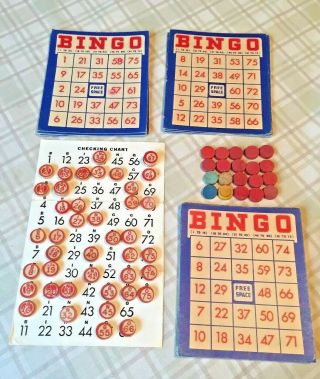 Vintage Bingo Game Wooden Bingo Call Number Markers,  20 Cards,  & Instructions