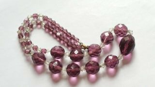 Czech Vintage Art Deco Girls Purple And Clear Faceted Glass Bead Necklace