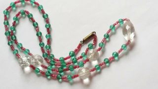 Czech Vintage Art Deco Clear,  Hot Pink And Green Glass Bead Necklace