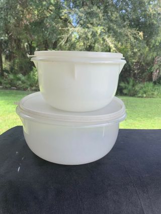 2 Tupperware Mixing Storage Bowls With Lid White Clear Vintage