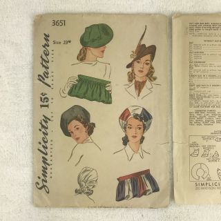Simplicity Pattern 3651 Hat 1940 Vintage Rare