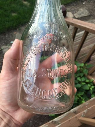 Vintage Filston Farm Dairy J A Stokes Glencoe Md Maryland Quart Milk Bottle