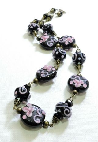 Vintage Black With Pink Flowers Lampwork Art Glass Bead Necklace Jl1953