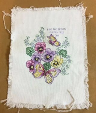 Vintage Needlepoint Embroidery,  Flowers,  Pansies,  Butterflies,  Hand Made