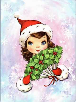 Holly Fan Santa Claus Outfit Pretty Girl Lady Kid Vtg Christmas Greeting Card