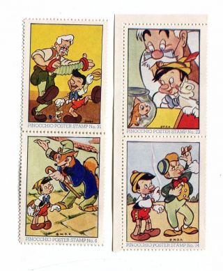 Vintage Poster Stamp Label Set Of 4 Walt Disney Pinocchio Gepetto Cartoon