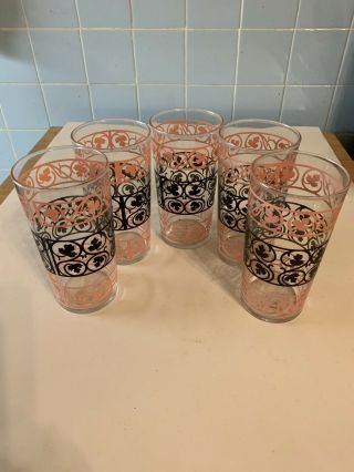 Set Of 5 Drinking Glasses Cool Vintage Pattern Pink And Black Retro 50s 60s
