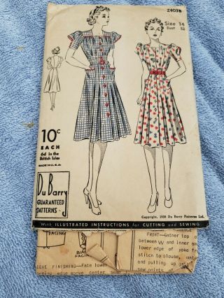 Vintage 10 Cents,  1939 Dubarry Sewing Pattern,  2403b,  Size 14,  Bust 32
