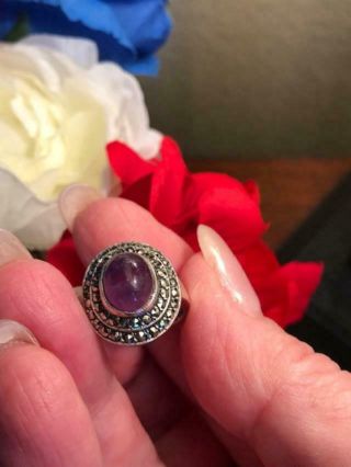 Vintage Sterling Silver Marcasite & Oval Cabochon Amethyst Gemstone Ring Size 6
