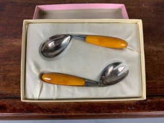 Unusual Mid Century Art Deco Styled Vintage Baby Spoon And Fork Set With Amber B