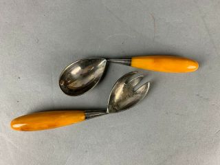 Unusual Mid Century Art Deco Styled Vintage Baby Spoon and Fork Set with Amber B 2