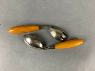 Unusual Mid Century Art Deco Styled Vintage Baby Spoon and Fork Set with Amber B 3