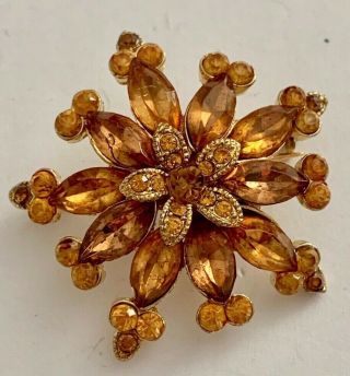 Vintage Gold Tone Amber Rhinestone Flower Brooch Pin Jewelry