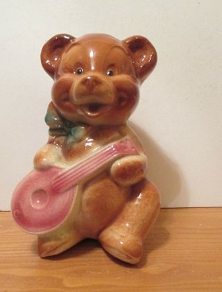 Vintage Royal Copley 6 3/4 " Teddy Bear With Mandolin Planter