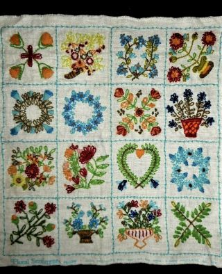 Gorgeous Vintage Floral Sampler Pillow Top Finished Completed Crewel Embroidery
