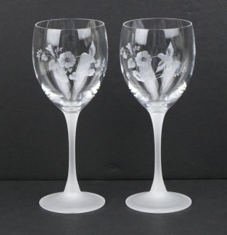2 Vintage Avon Hummingbirds 24 Lead Crystal Wine Glasses Goblets Etched Frosted