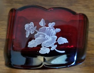 Signed Beautifal Vintage Ruby Red Dish Ashtray Handpainted White Flowers Solid