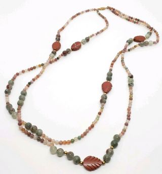 Chunky Vintage Carved Red Jasper Leaf & Multi Color Agate Double Strand Necklace