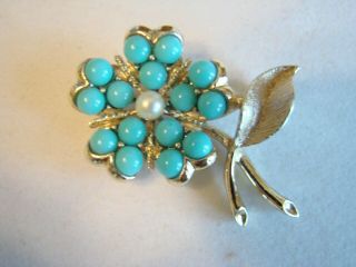 99nr Vtg Signed Sarah Coventry 1964 Aqua Fleur Flower Bead Pearl Brooch/pin