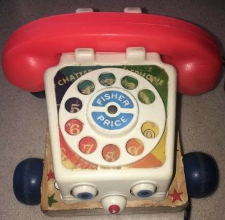 Fisher Price Chatter Box Telephone Phone Pull Toy Wood Base Vintage