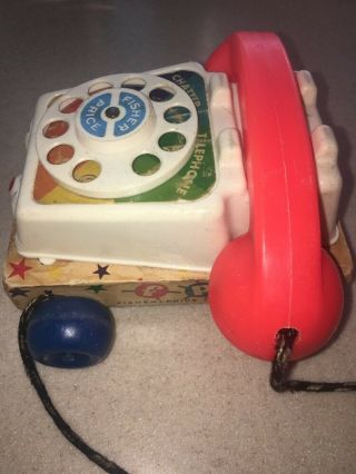 Fisher Price Chatter Box Telephone Phone Pull Toy Wood Base Vintage 3