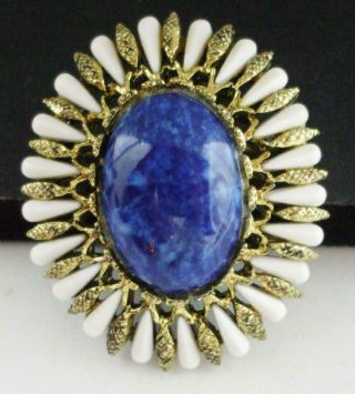 Pretty Vintage Oval Pin Brooch W/domed Blue Cab & White Navette Accents