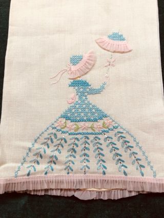 Hand Embroidered Linen Vintage Towel - “ Crinolin Ladies “