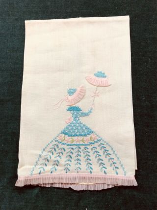 Hand Embroidered Linen Vintage Towel - “ Crinolin Ladies “ 2