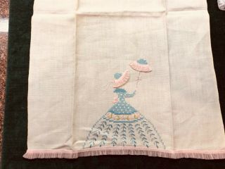 Hand Embroidered Linen Vintage Towel - “ Crinolin Ladies “ 3