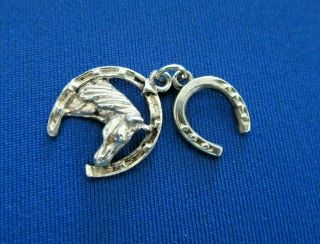 Vintage 925 Sterling Silver Charm Lucky Horses Head & Horseshoe 2.  5 G